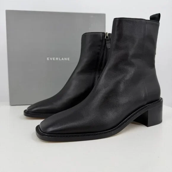 Everlane The City Boot in Black Leather sz 8 Women's Side Zip Block Heel Ankle - Picture 2 of 9